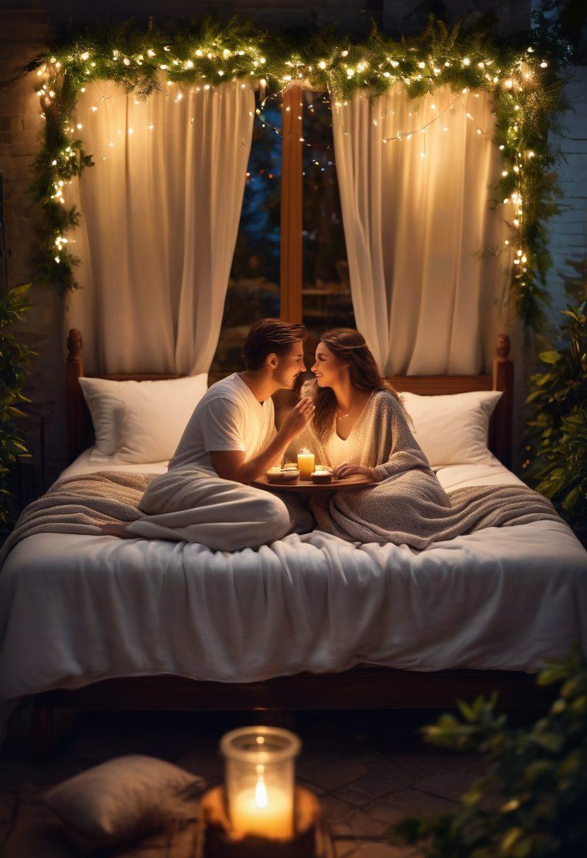 A warm, intimate scene of a couple sharing a quiet moment together, wrapped in a cozy blanket under twinkling fairy lights in a serene garden. Surround them with soft pillows, a small table with a candle, and a starry night sky above, reflecting the beauty of connection. Emphasize warmth, comfort, and love in the atmosphere. vibrant colors. soft bokeh effect. super-realistic.