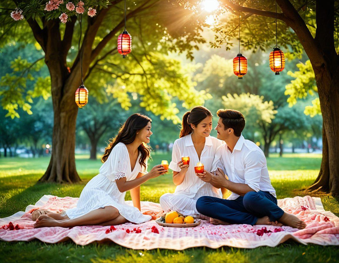 A heartwarming scene depicting a couple in a beautiful park, joyfully sharing a picnic, surrounded by blooming flowers and soft lanterns hanging from trees. Their expressions radiate love and connection, with soft sunlight filtering through the leaves, creating a dreamy atmosphere. Emphasize intimacy with subtle details like intertwined fingers and shared laughter. romantic, super-realistic, vibrant colors.