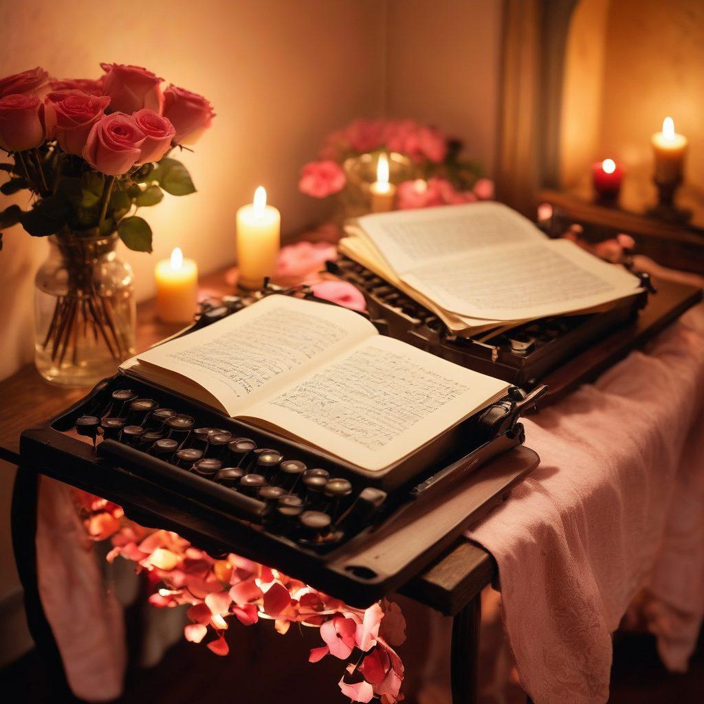 A cozy, romantic setting showcasing a couple writing a love story together, surrounded by soft candlelight and a scattering of rose petals. Include a vintage typewriter and open notebooks filled with handwritten notes, while warm colors fill the background to evoke a sense of intimacy. Soft focus on their hands intertwined, illustrating connection and affection. dreamy, soft focus, warm colors, romantic ambiance.